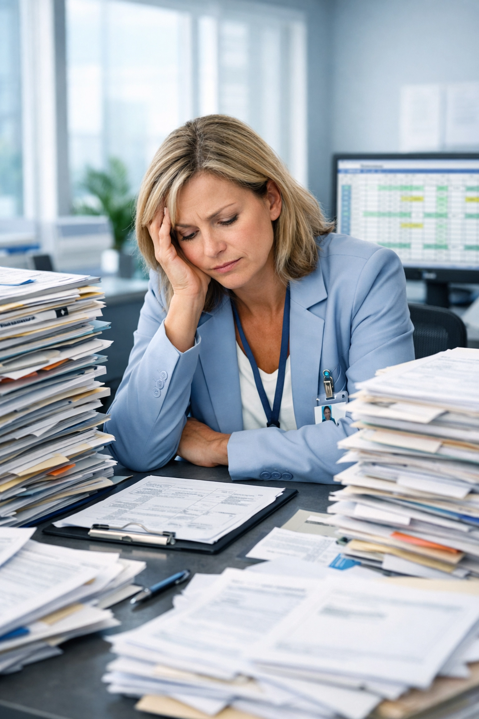 Healthcare administrator overwhelmed by paperwork from manual quality scoring processes