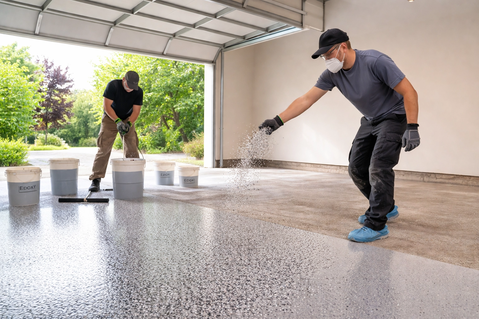 Professional crew installing polyaspartic garage floor coating with decorative flakes on a residential project