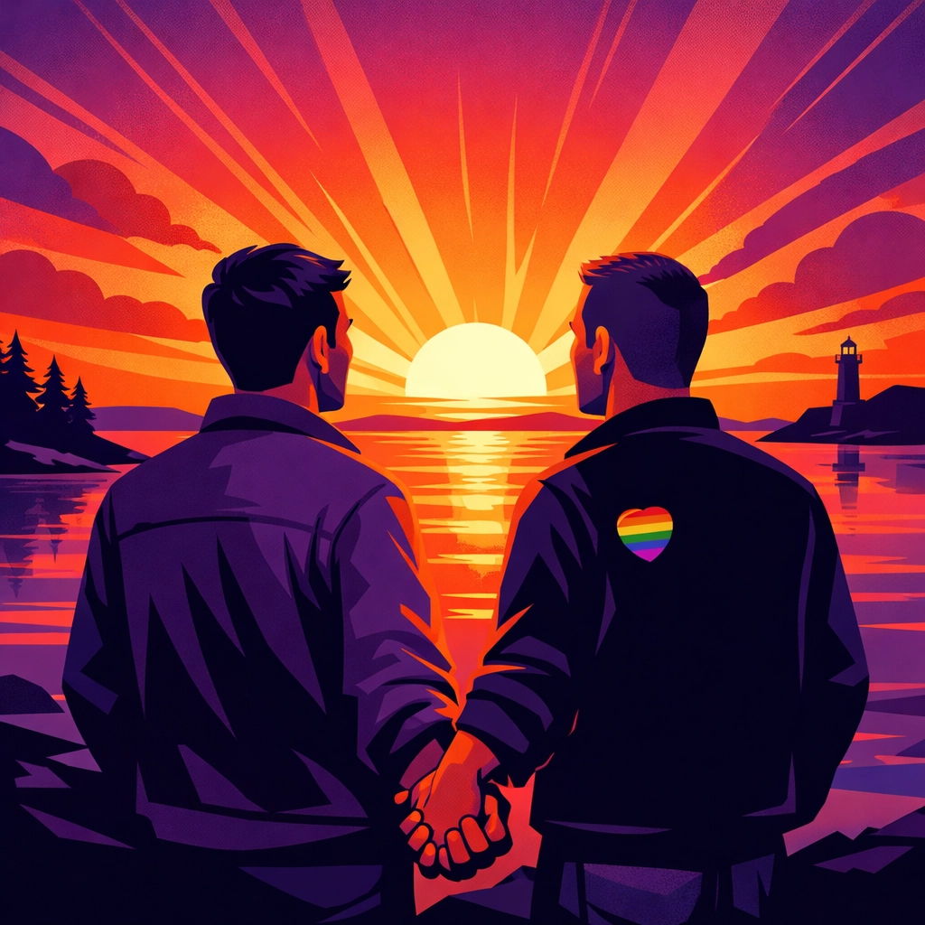 Two men in a gay love story looking toward a Baltic sunrise, symbolizing hope for LGBTQ+ rights in 2026.