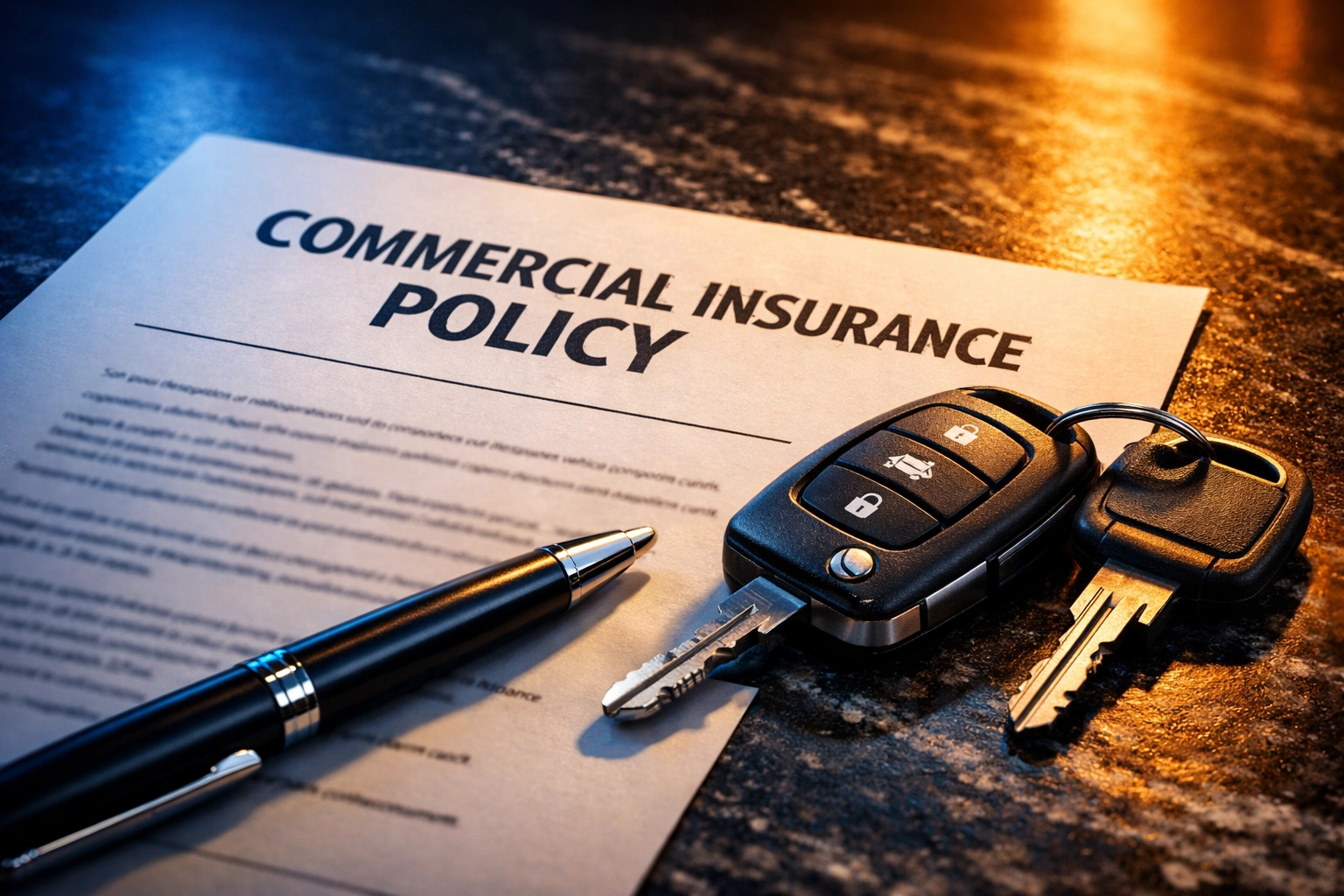 Close-up of a Progressive commercial auto insurance policy and van keys for a Connecticut small business.