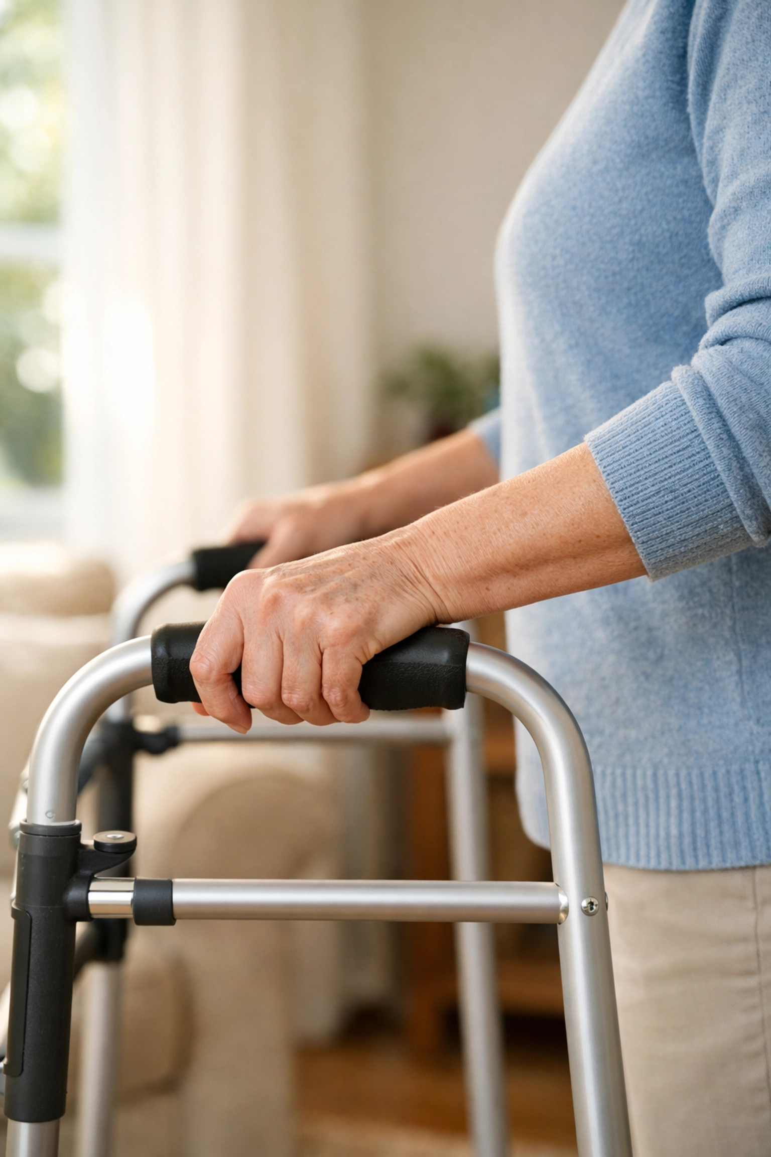Correct elbow bend and wrist alignment on a walker handle to ensure proper height and support.