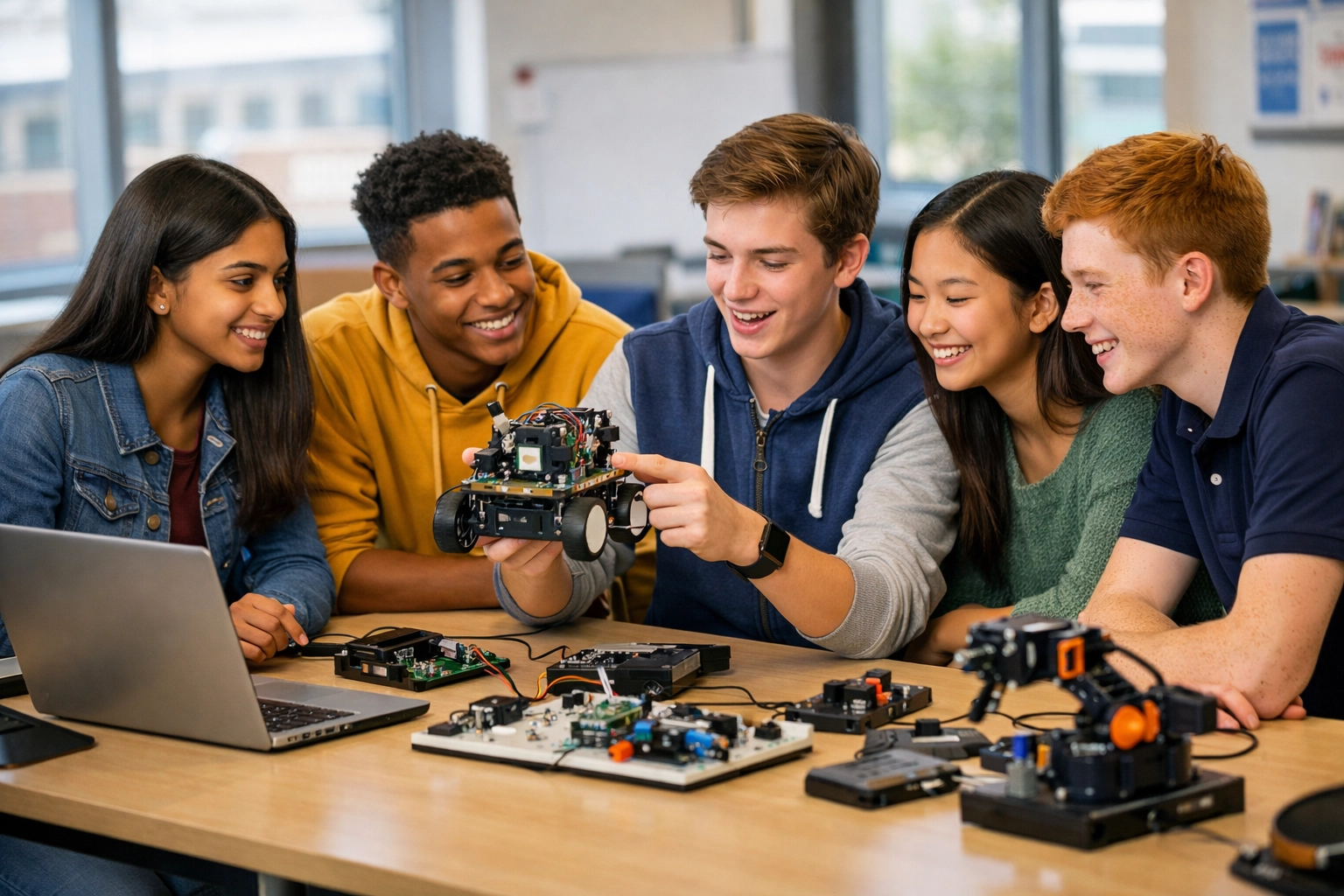 Diverse high school students working together on robotics and AI technology project