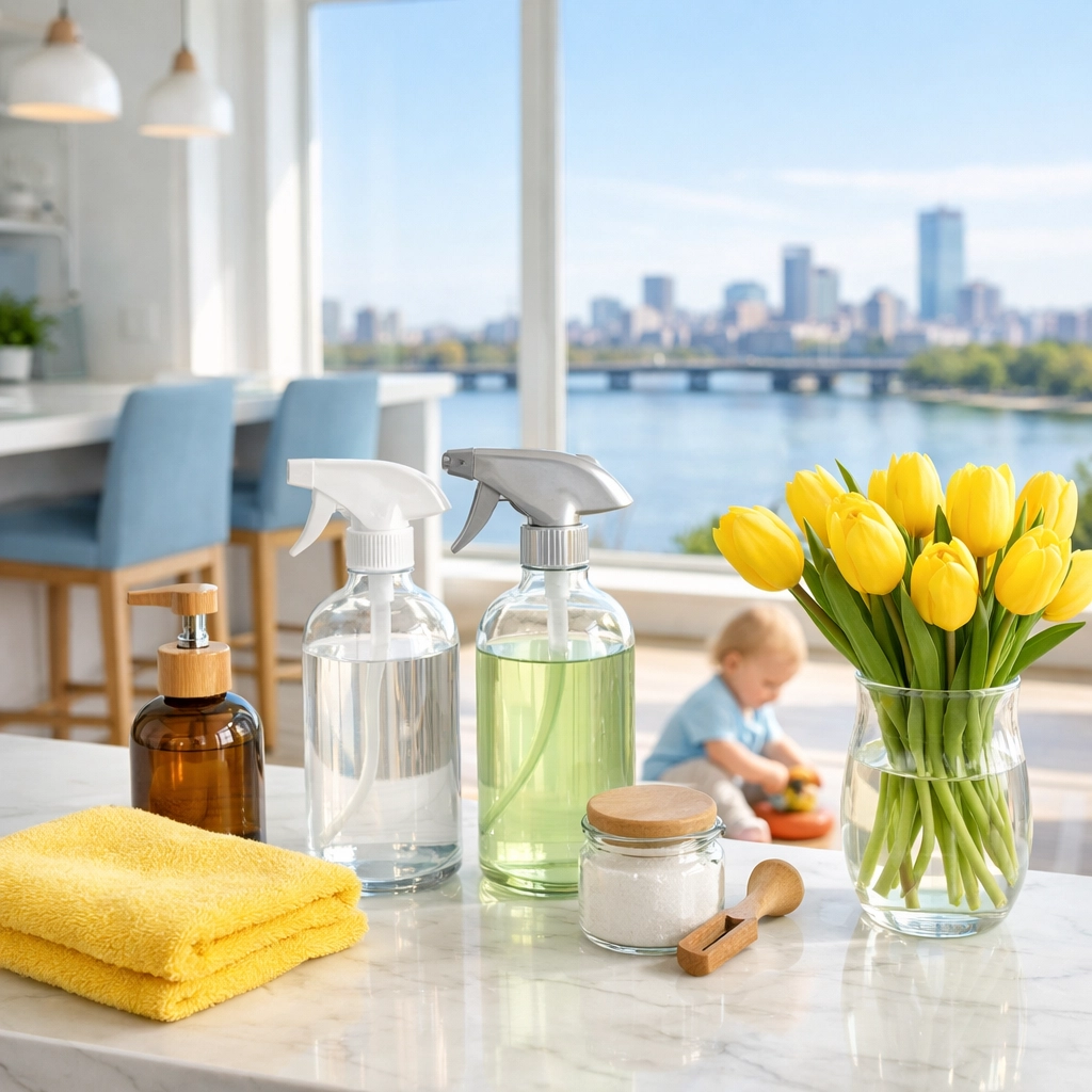 Eco-friendly maid service Cambridge in a modern kitchen overlooking the Charles River.