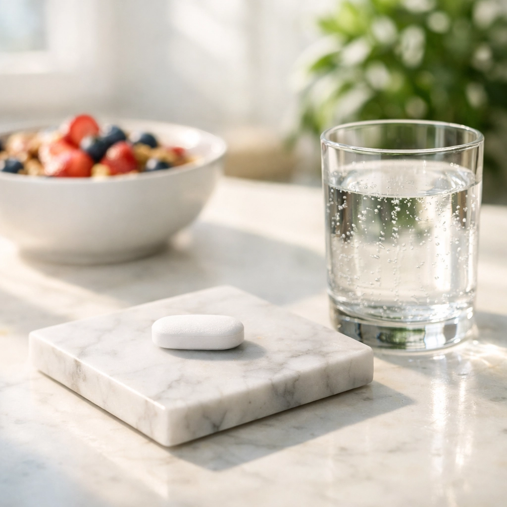 A single weight loss tablet on a marble coaster, representing the oral semaglutide Wegovy pill alternative.