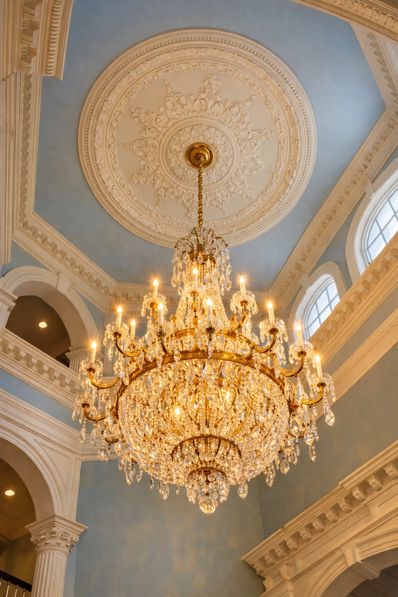 Dust-free vaulted ceiling and chandelier in a luxury residential cleaning Massachusetts home.