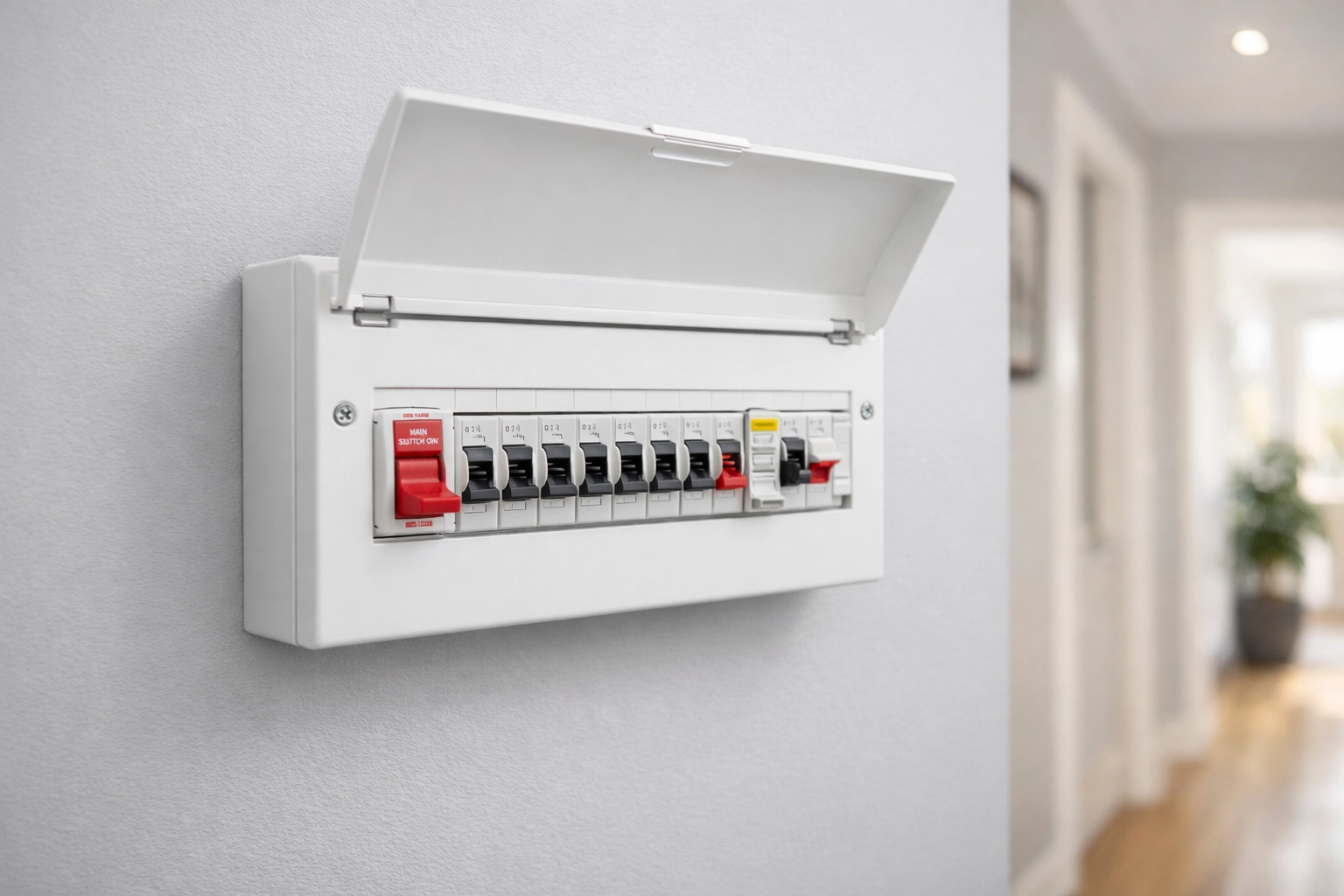Modern consumer unit upgrade in a Bournemouth hallway to improve home electrical safety and prevent tripping.