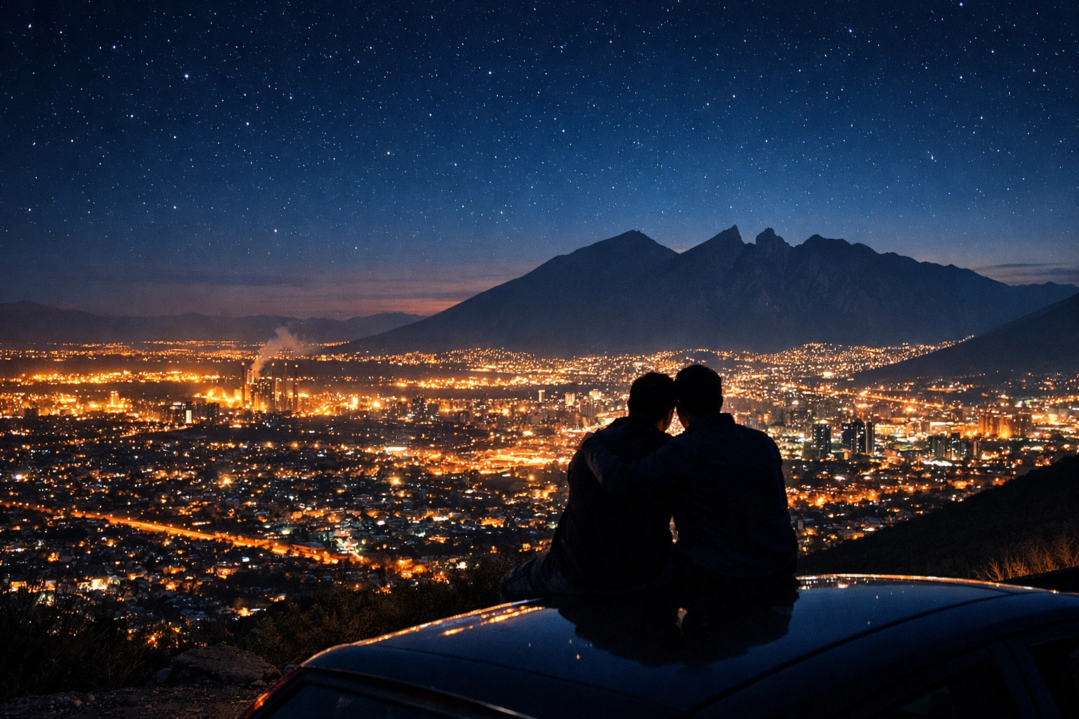 Gay couple enjoying romantic evening overlooking Monterrey city lights at night