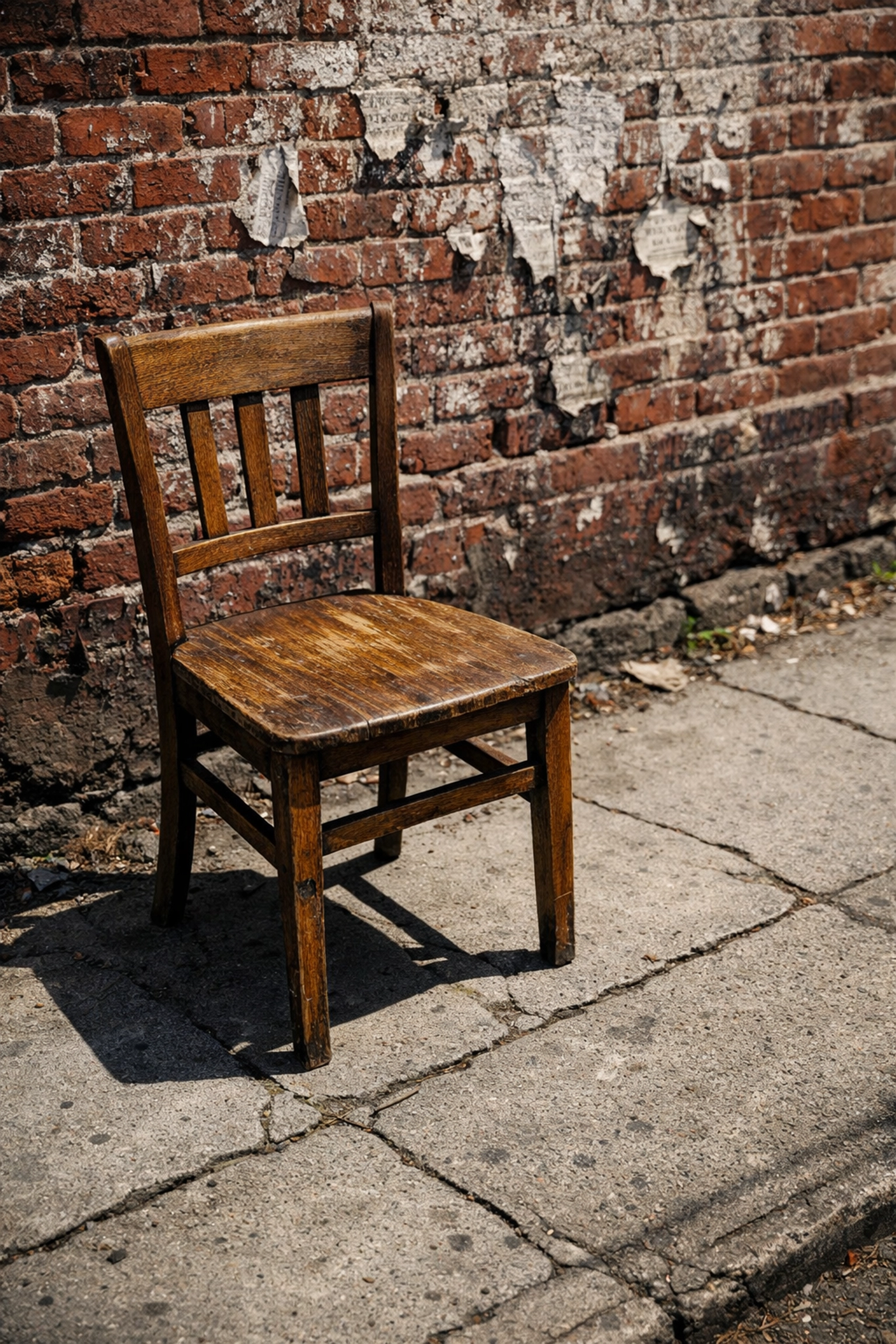 Creative street photography ideas showing an abandoned wooden chair with weathered urban textures.