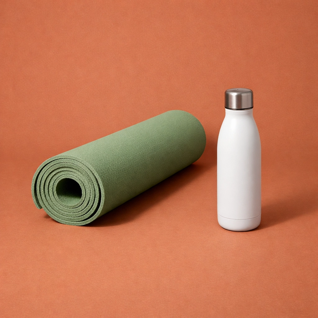 Sage green yoga mat and water bottle symbolizing active recovery and joint health.