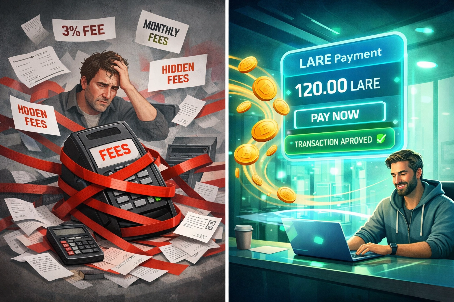 Comparison of traditional payment fees versus Larecoin crypto payment savings for merchants