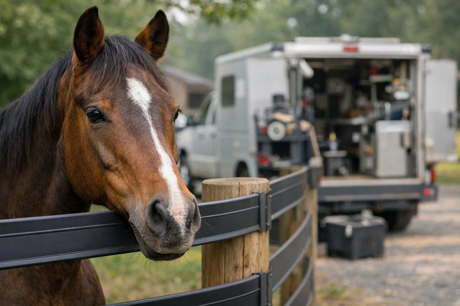 Horse at fence with equestrian service vehicle on Huntersville farm driveway