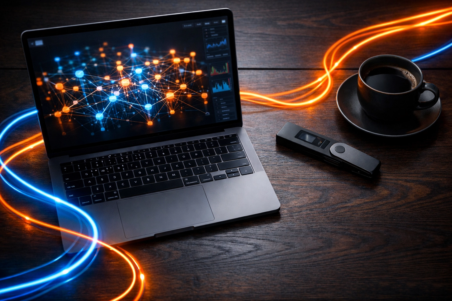 A hardware wallet and data-filled laptop screen for meticulous crypto tax reporting and IRS cost basis tracking.