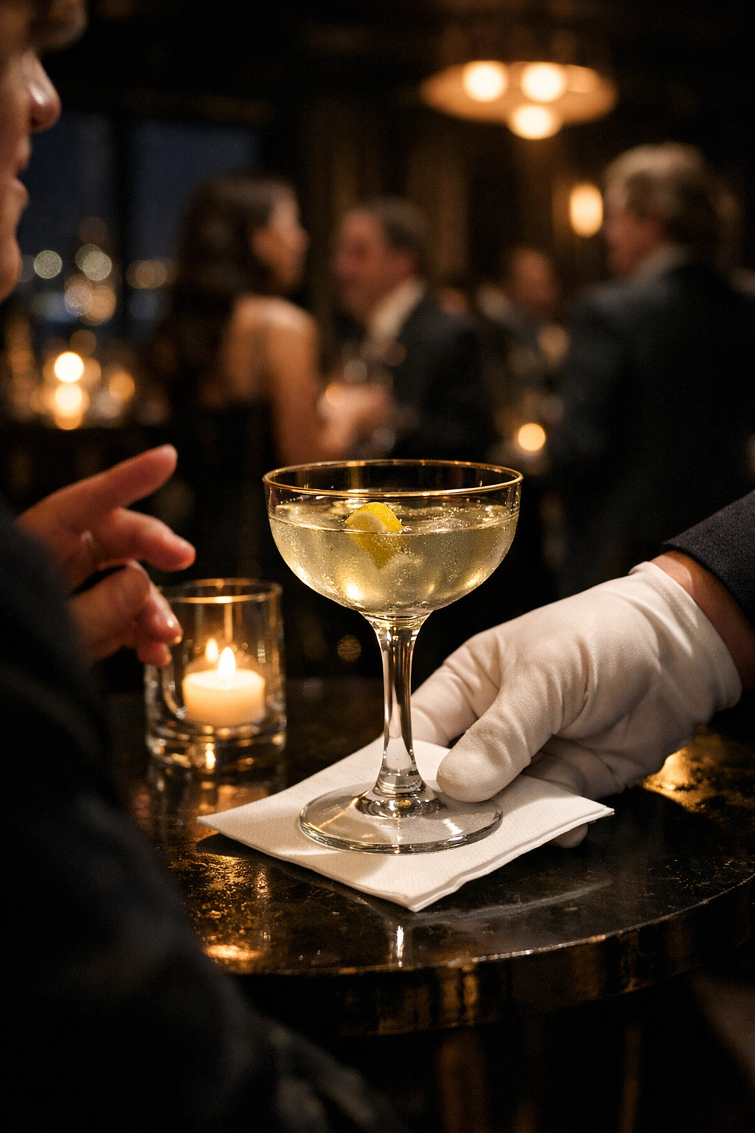 Attentive event wait staff providing seamless service by swapping napkins at a luxury gala.