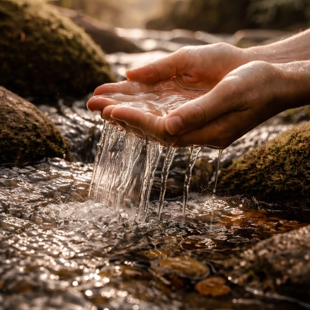 Hands cupping clear stream water in a forest, highlighting sacred connection with nature's elements