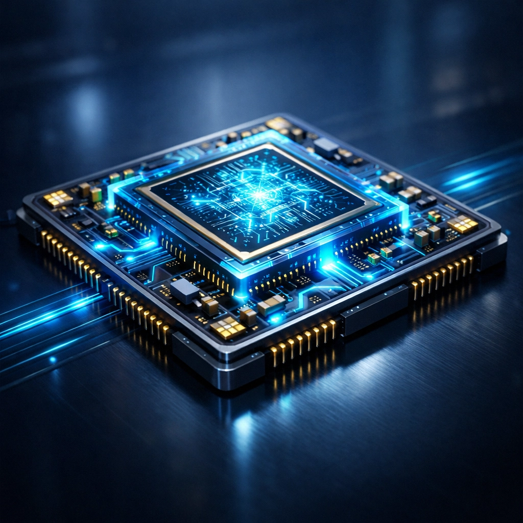 A glowing ai semiconductor chip representing affordable laptop and voip hardware for businesses.