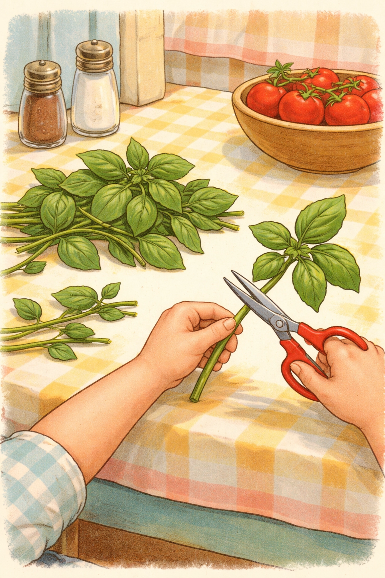 Child using scissors to trim fresh basil stems at the kitchen table for a DIY pasta jar planter