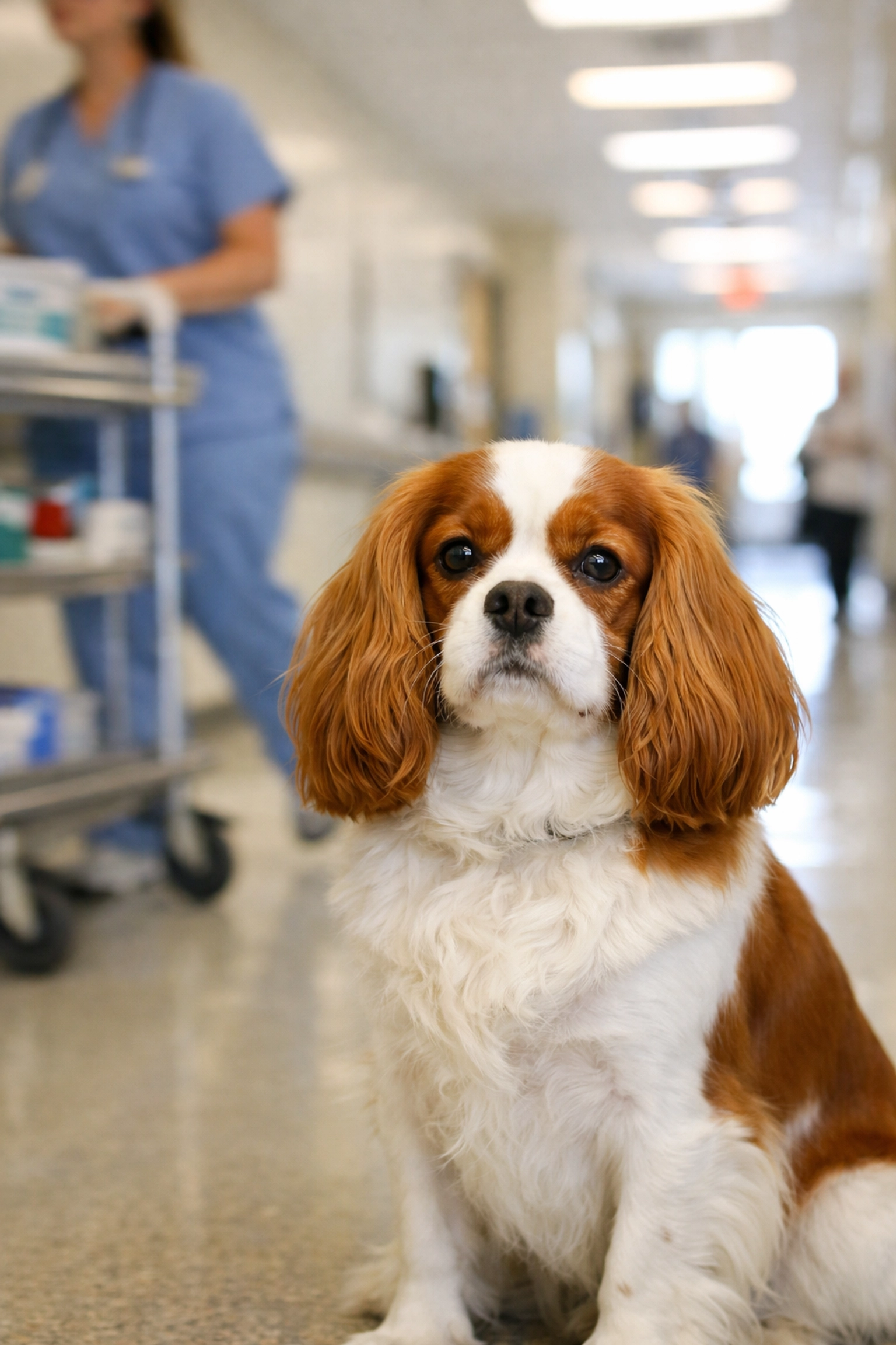 Therapy-Quality Cavalier King Charles Spaniel Oregon displaying a calm temperament in a busy hospital corridor.