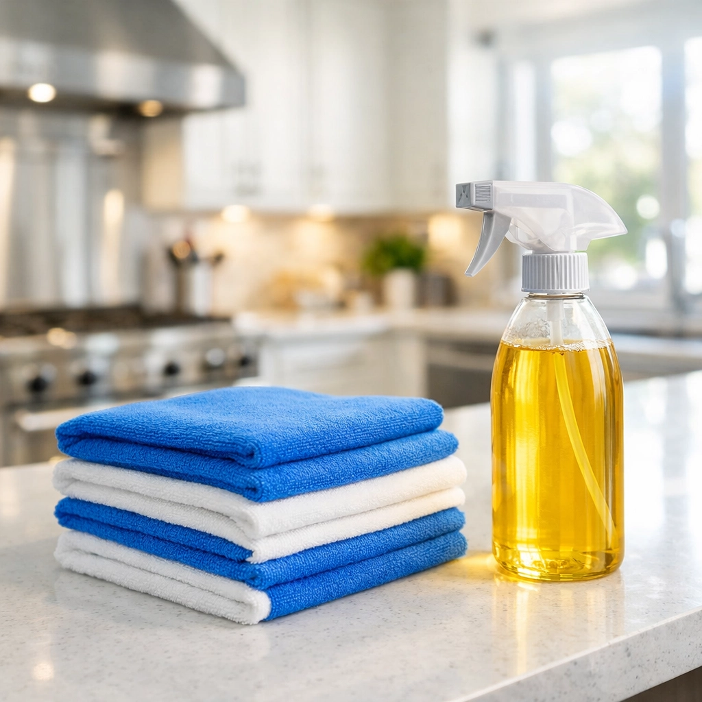 Maid service Cambridge cleaning supplies and microfiber cloths on a modern North Cambridge kitchen counter.