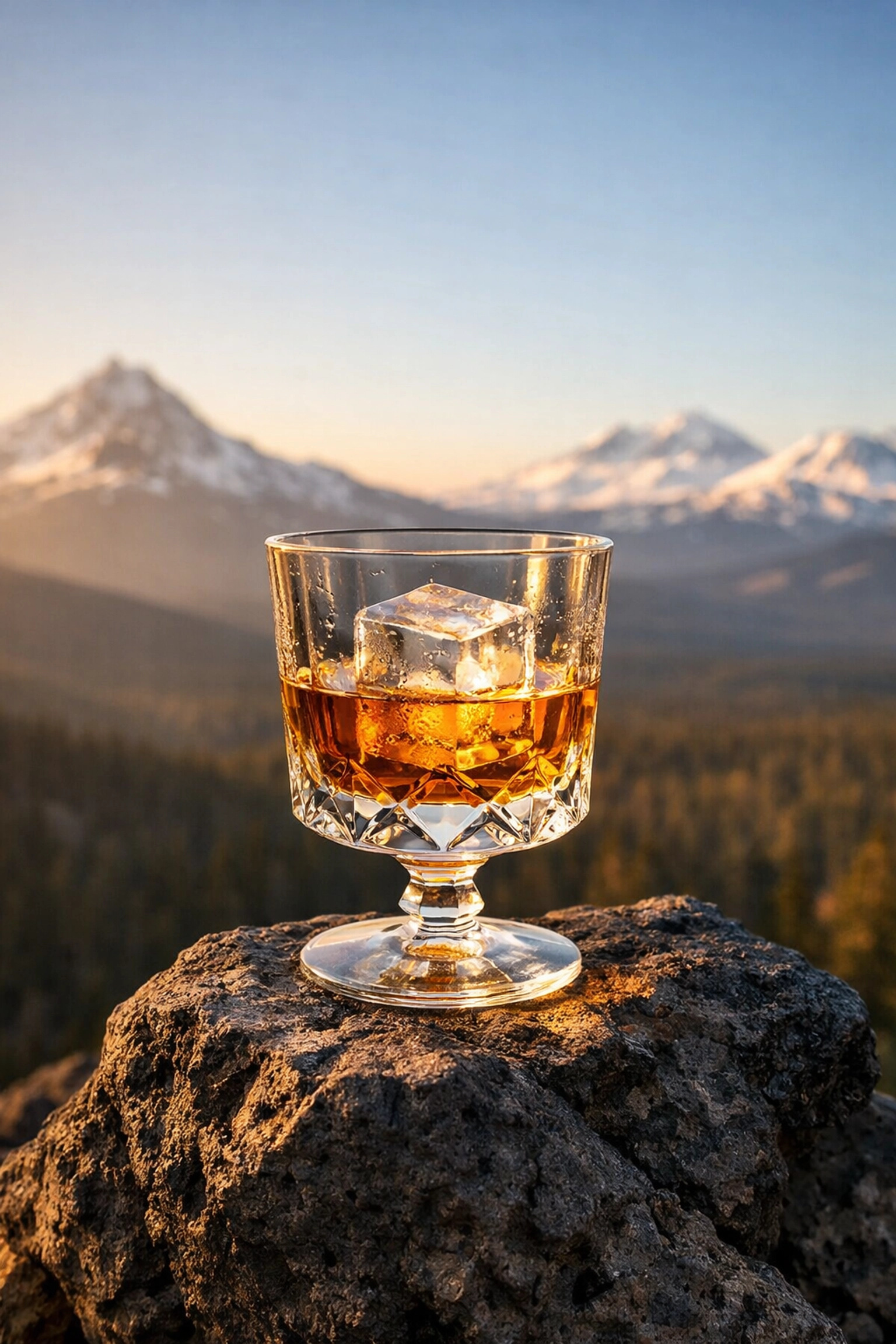 Craft spirit on volcanic rock with Cascade Mountains, highlighting Crater Lake Spirits' 30 years of Oregon distilling.