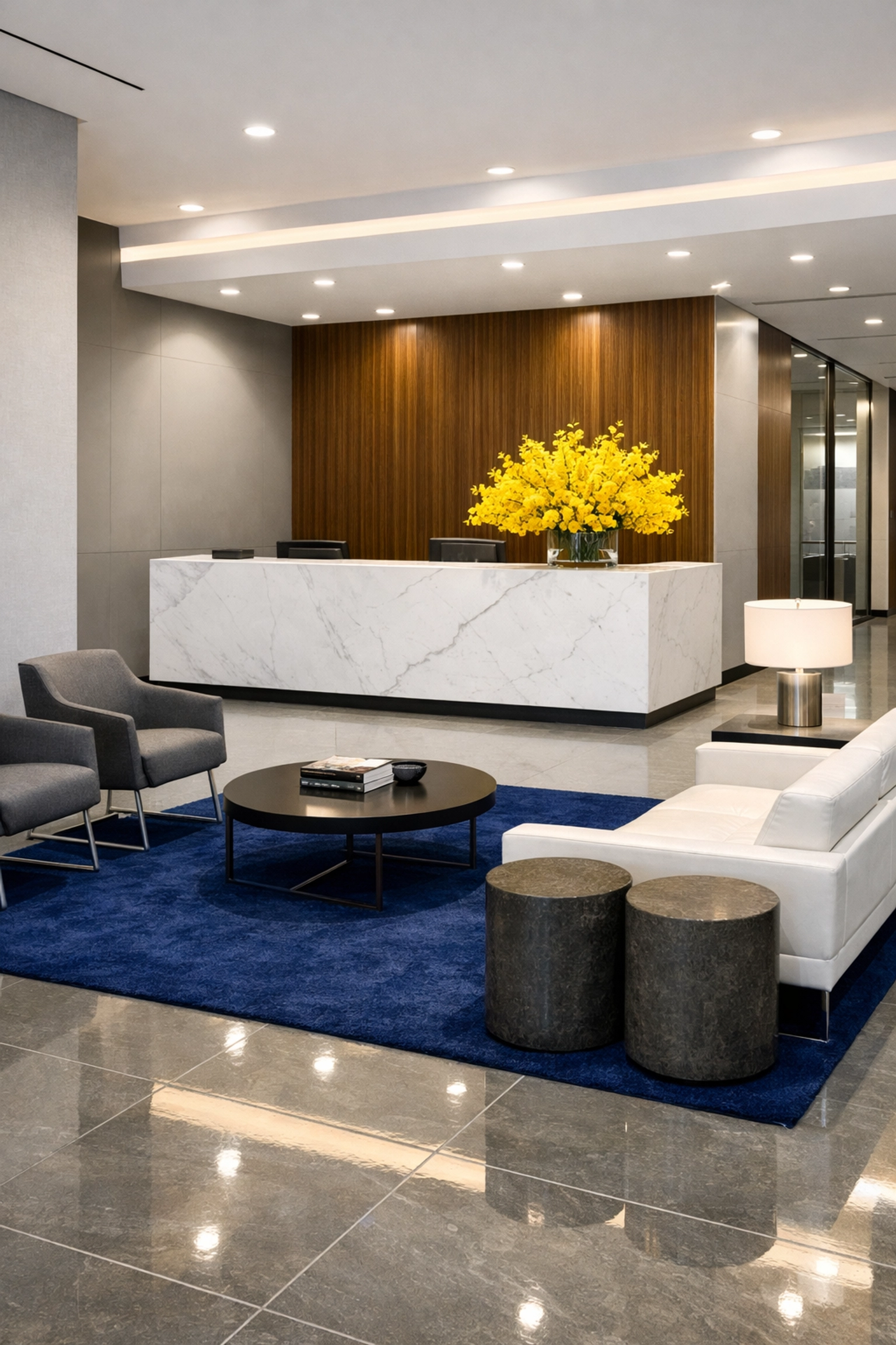 Spotless commercial lobby in Acton, MA, with polished floors and high-end professional maintenance.