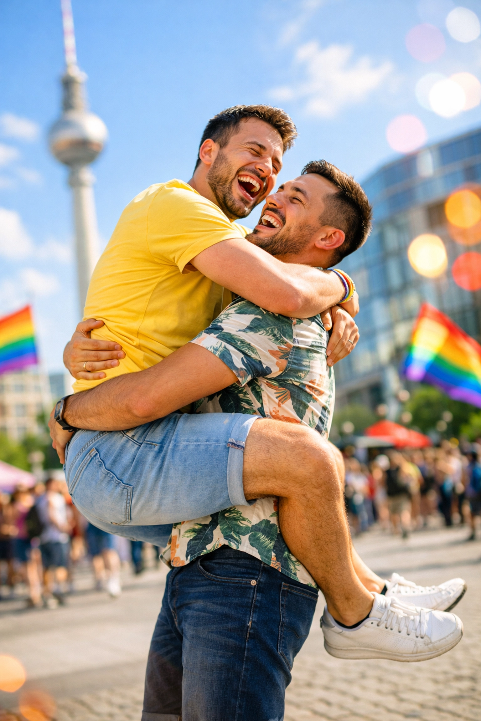 Joyful gay couple celebrating in modern Berlin following the final decriminalization of Paragraph 175.