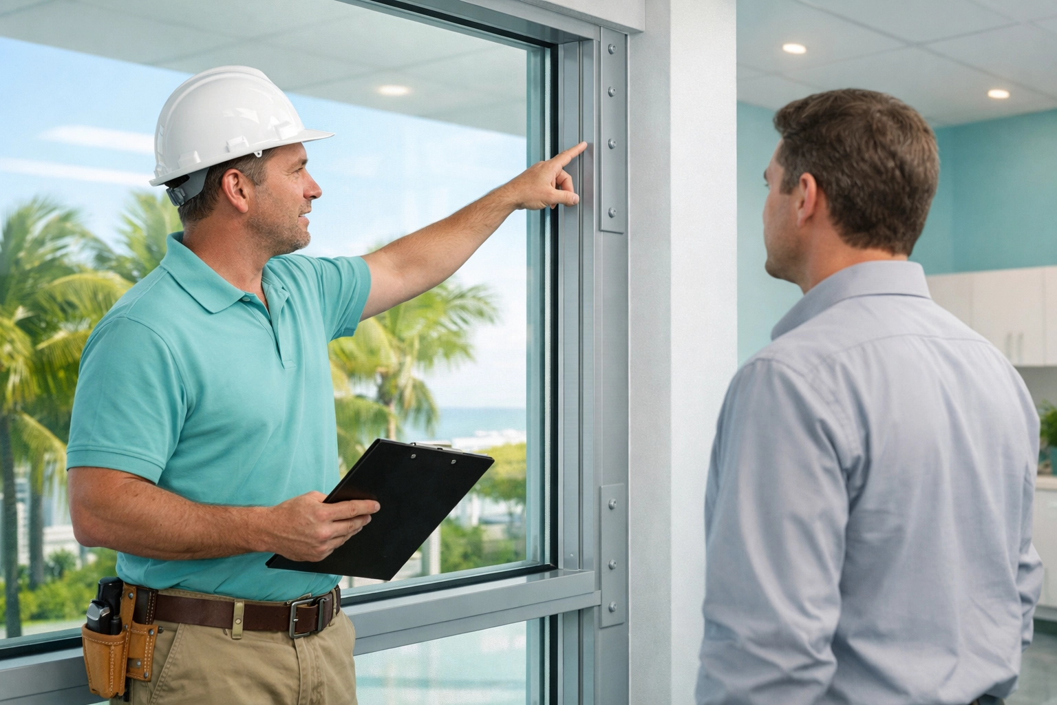 General contractor South Florida inspecting impact-resistant windows for a modern commercial office building.