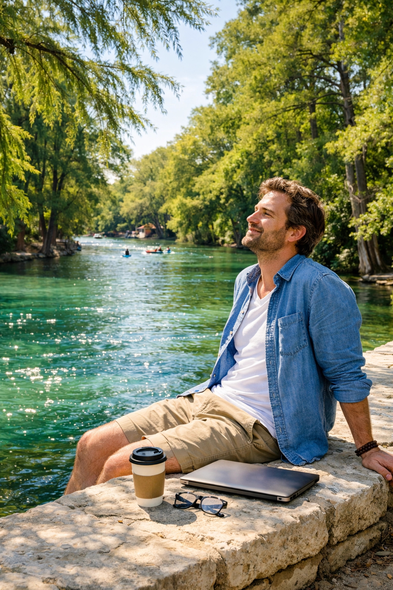 Freelancer at the San Marcos River enjoying work-life balance after hiring tax preparation services.