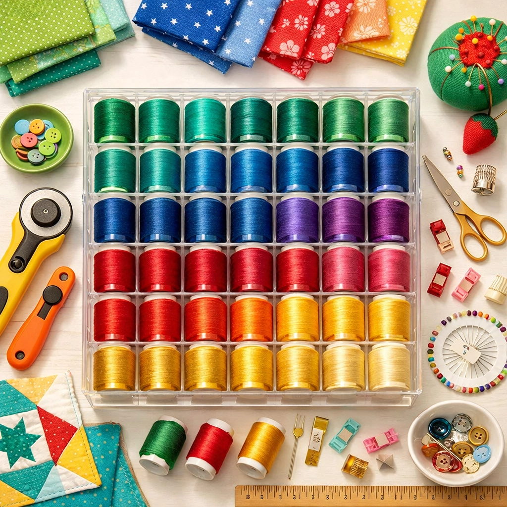 Organized thread spools and quilting supplies in storage organizers on craft room workspace