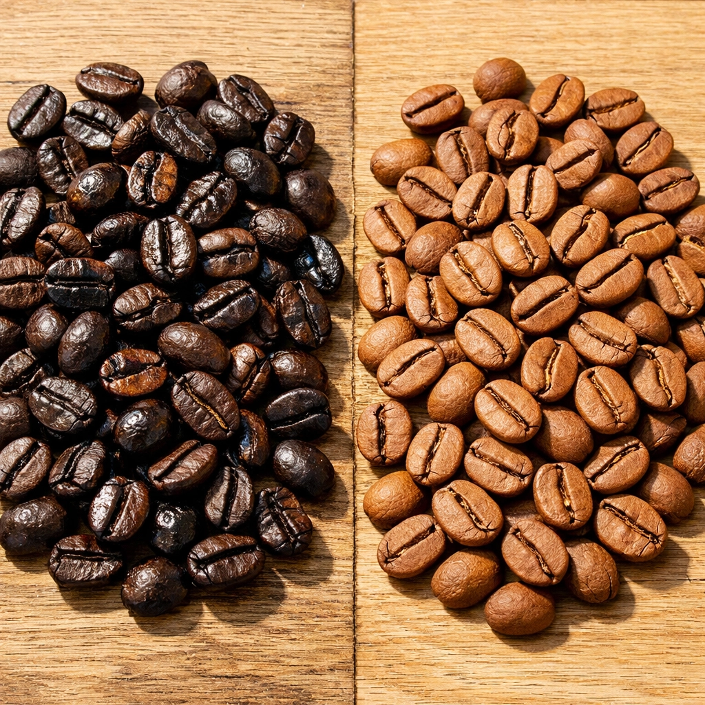 A visual comparison of dark oily commercial beans versus high-quality wholesale specialty coffee beans.