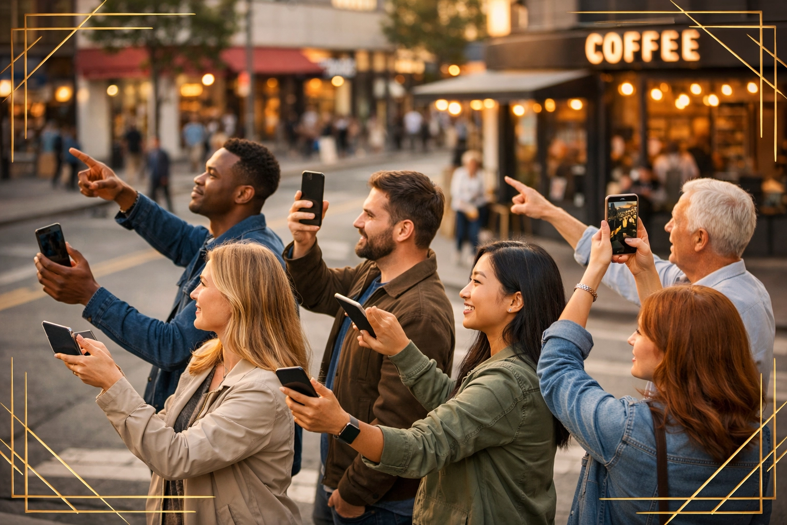 Customers using mobile phones for local business search in urban shopping district
