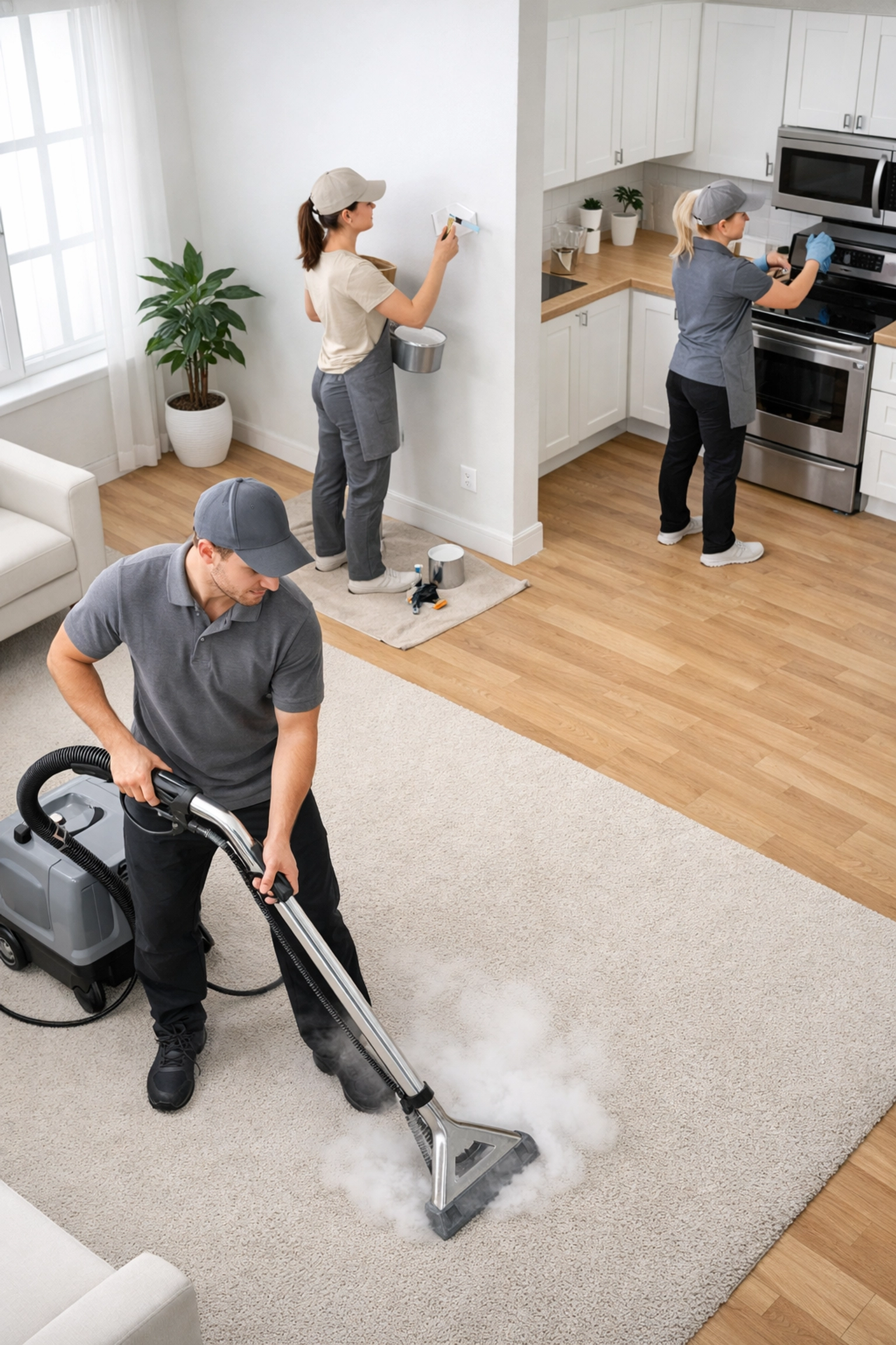 Professional cleaning crew performing parallel apartment turnover tasks efficiently