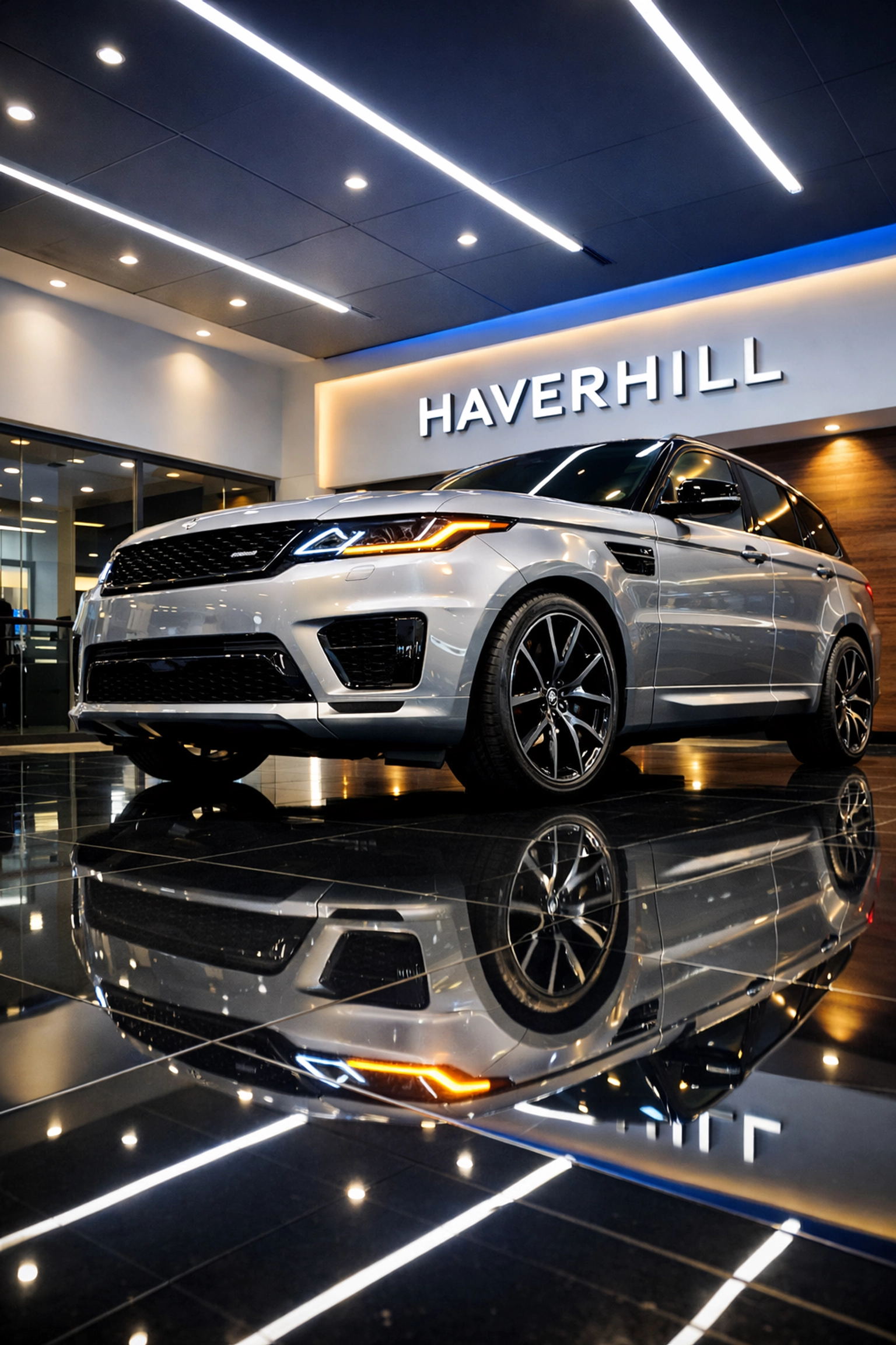 Clean showroom floor reflecting a luxury SUV in a high-end Haverhill auto dealership.