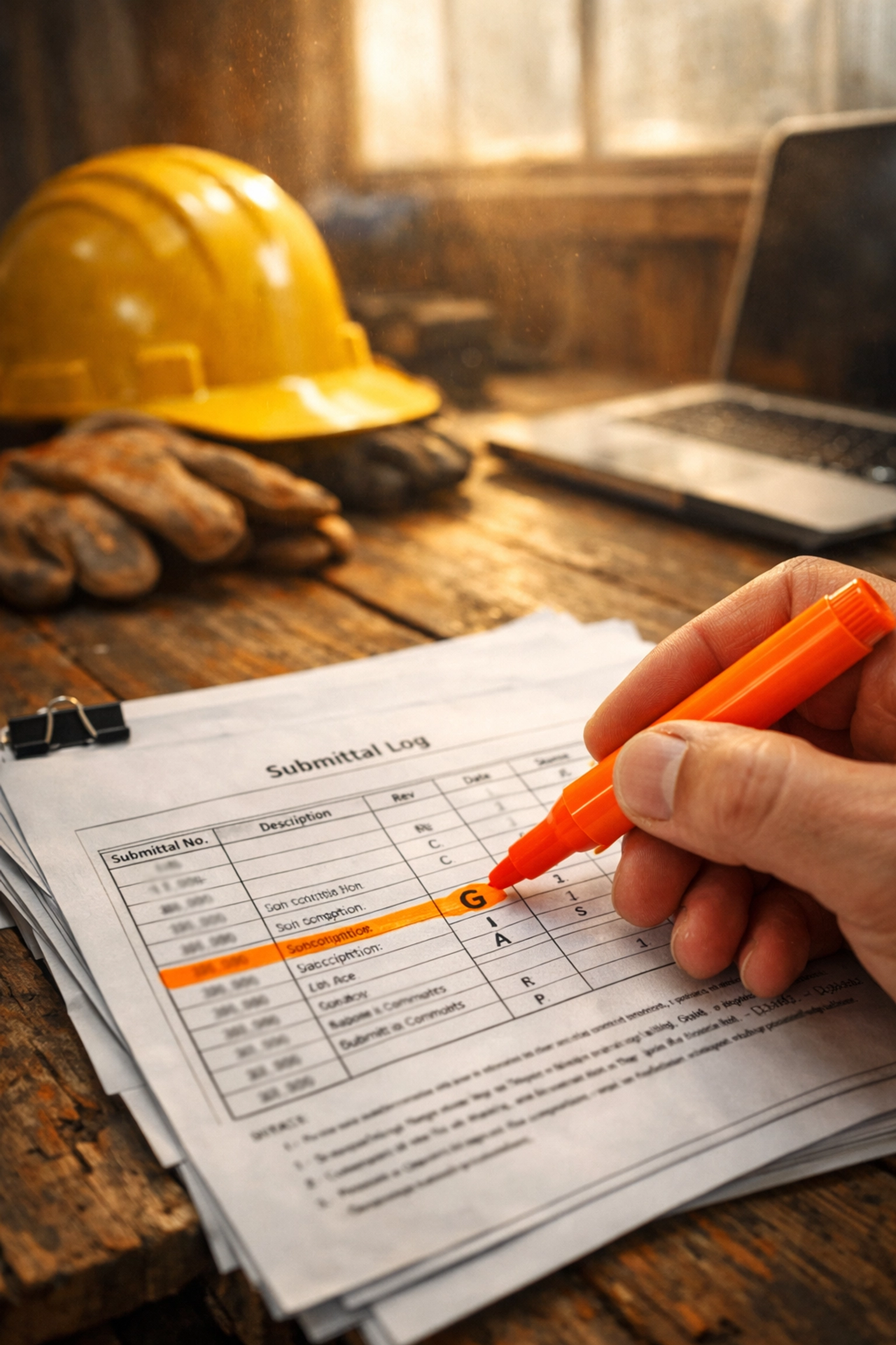 Contractor highlighting a G designation on a government submittal log in a construction trailer.