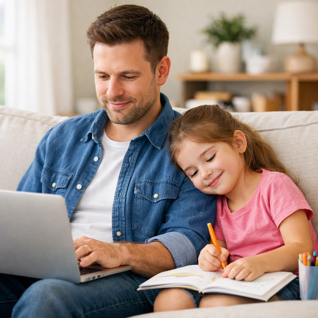 A working father studying for college exams on a laptop while balancing family life.
