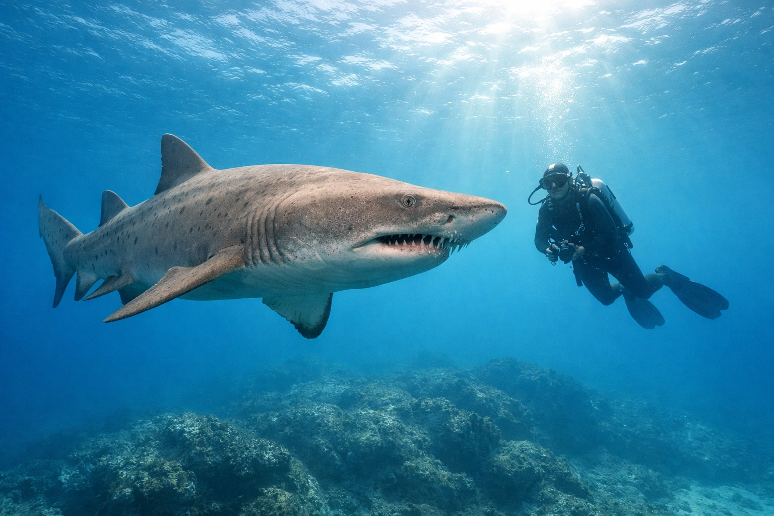 Scuba diving with a ragged-tooth shark at Aliwal Shoal during a high-end South Africa adventure trip.