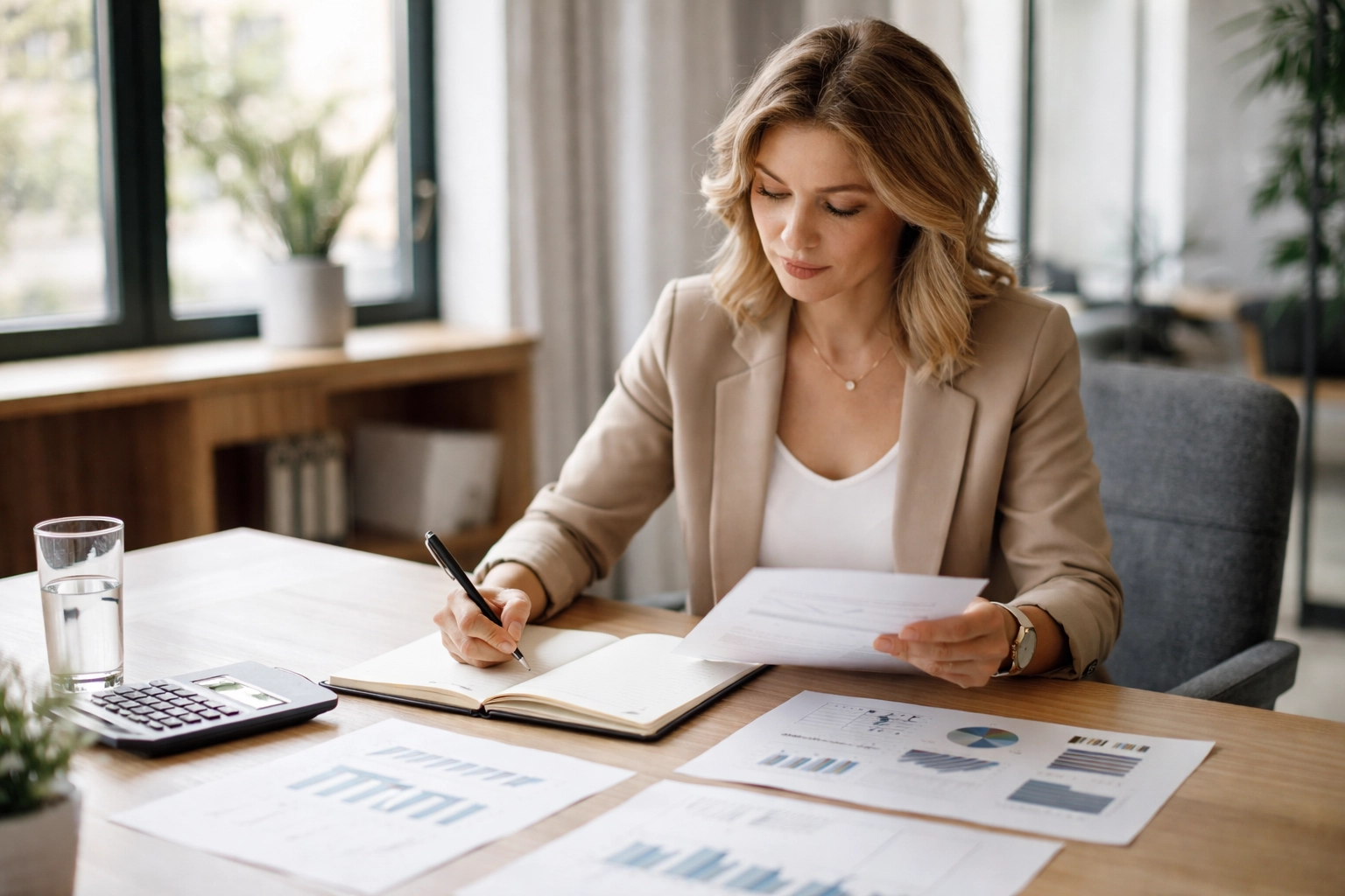 Business professional reviewing documents at office table, considering S Corp reasonable salary requirements