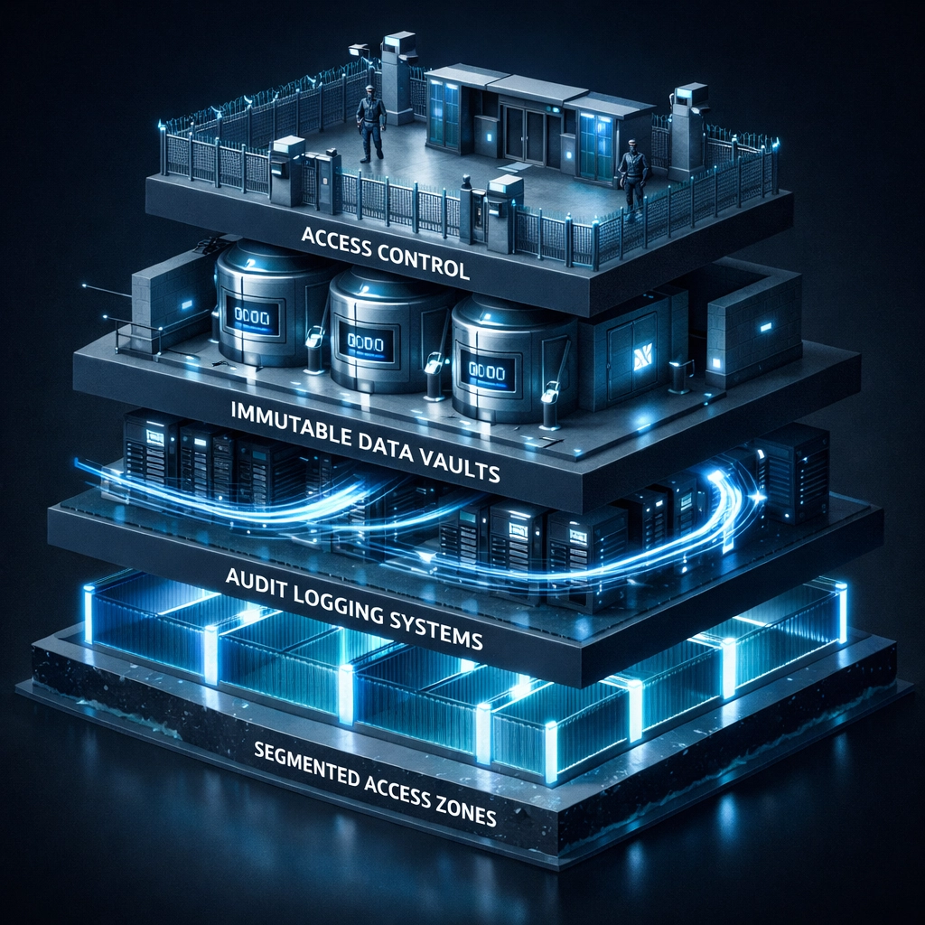 Layered backup security infrastructure with access controls, immutable vaults, and audit logging systems
