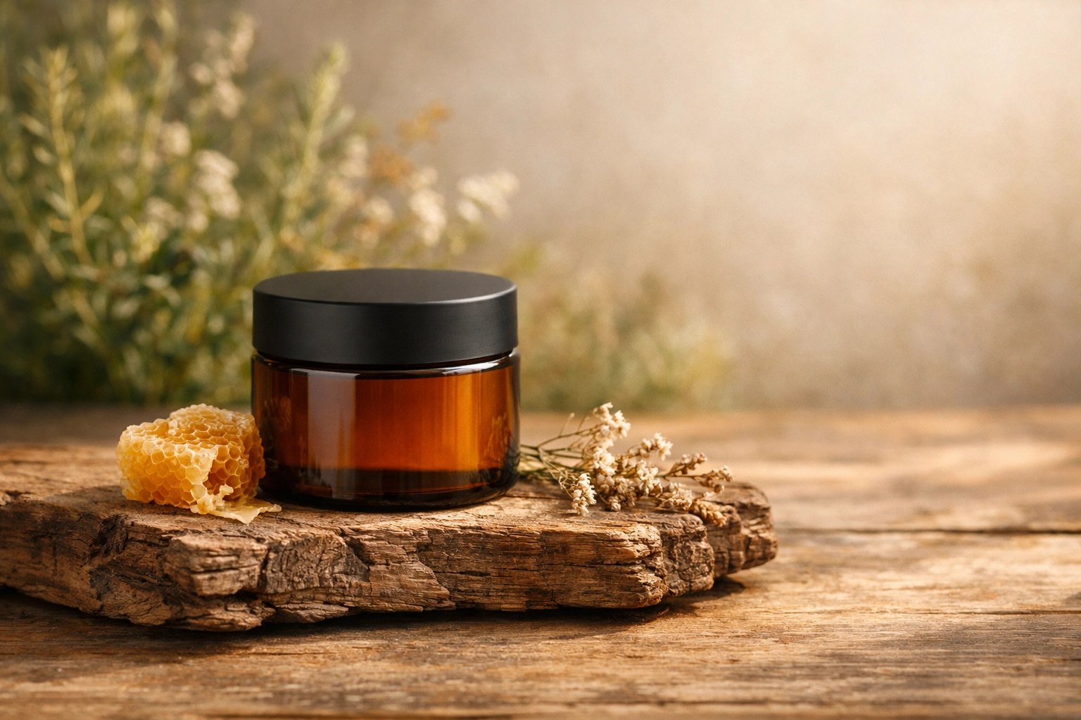 Amber glass jar of NECTR honey and tallow balm on a rustic wood surface with raw ancestral ingredients.