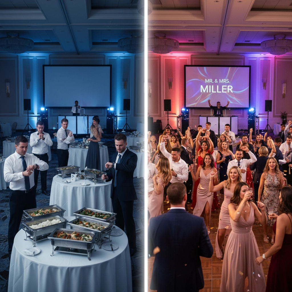 Guests enjoy a buffet at an event, transitioning to a lively dance floor. "Mr. & Mrs. Miller" displayed. Lighting shifts from blue to pink.