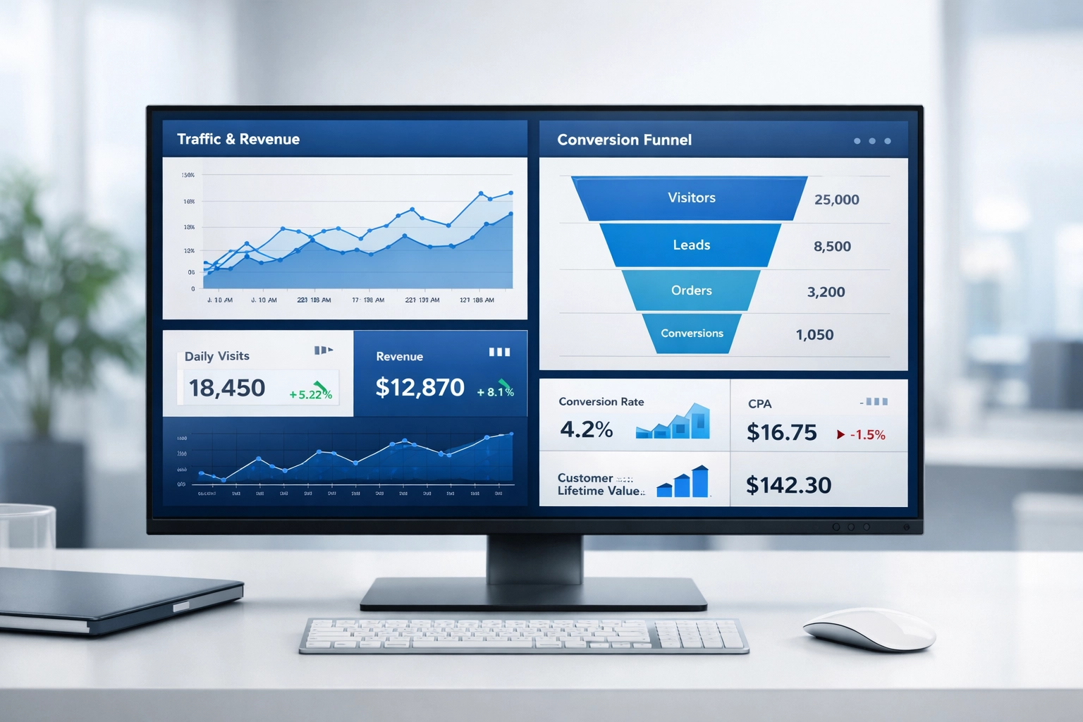 Sales funnel analytics dashboard displaying conversion metrics and performance data across channels