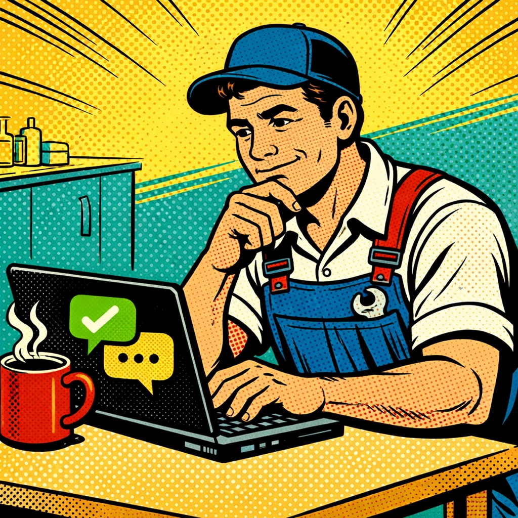 Plumber reviewing AI follow-up messages on laptop to ensure quality customer communication