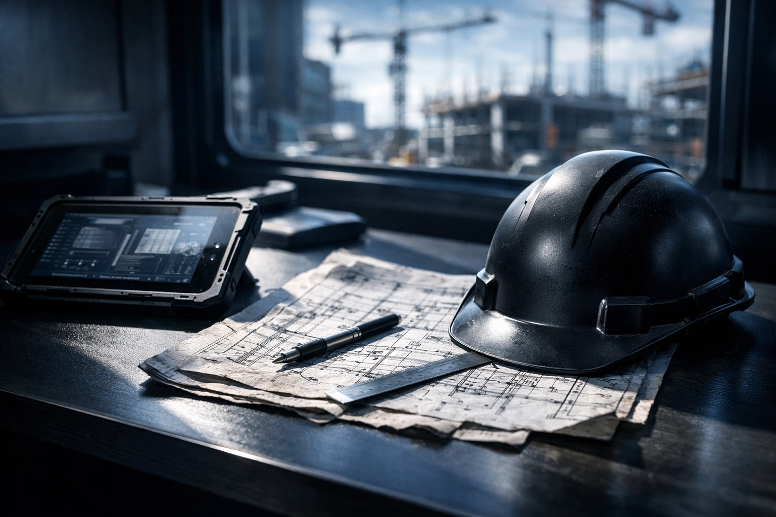 Construction manager reviewing blueprints and payroll gaps on a tablet at a job site desk.