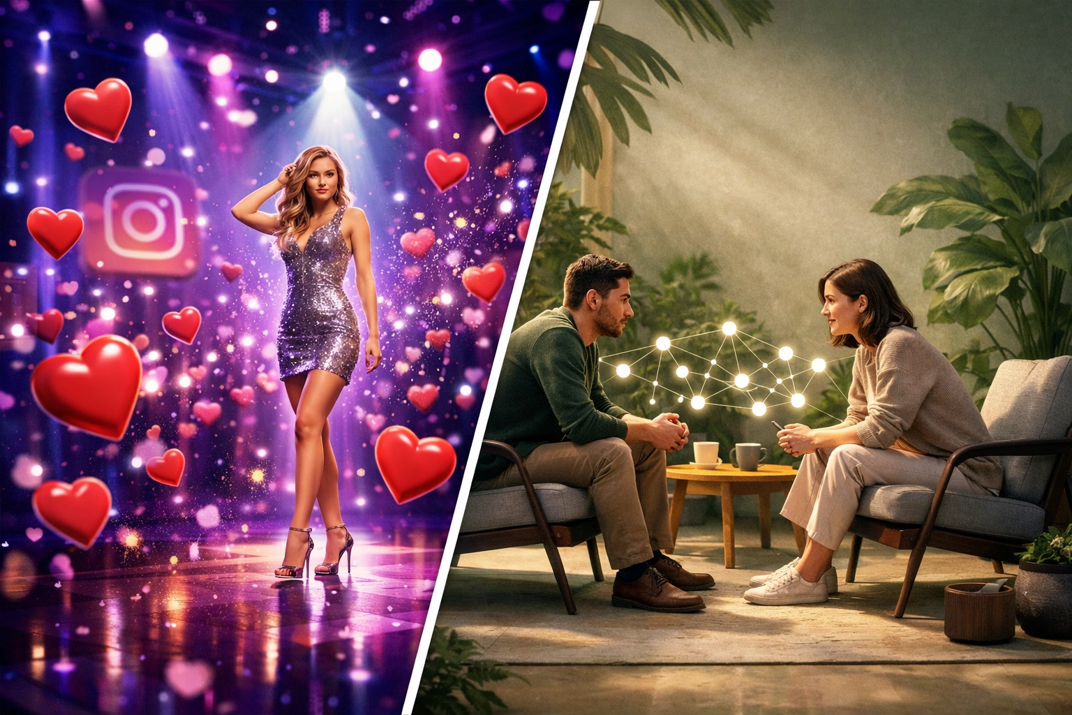 Comparison of high-production Instagram content versus intimate Threads community conversation for social media growth.