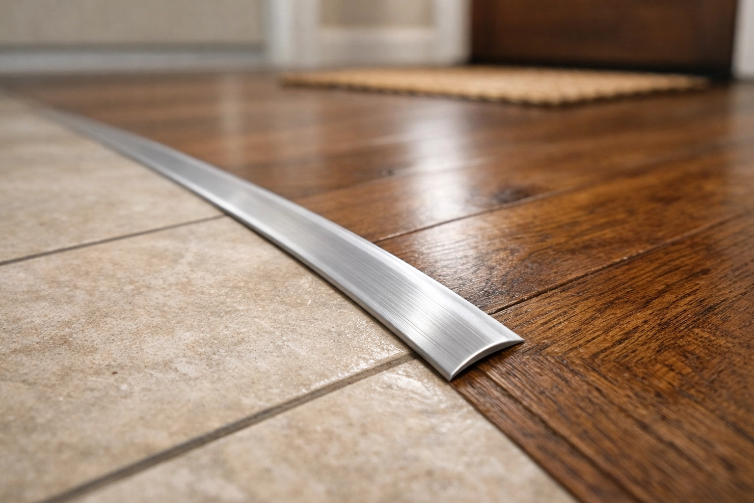 Smooth flooring transition strip between tile and hardwood in entryway preventing tripping hazards