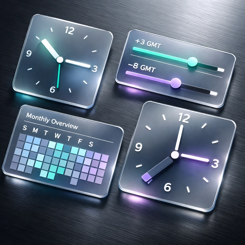 Digital meeting scheduler interface with clock faces and calendar tools for global time zone management.