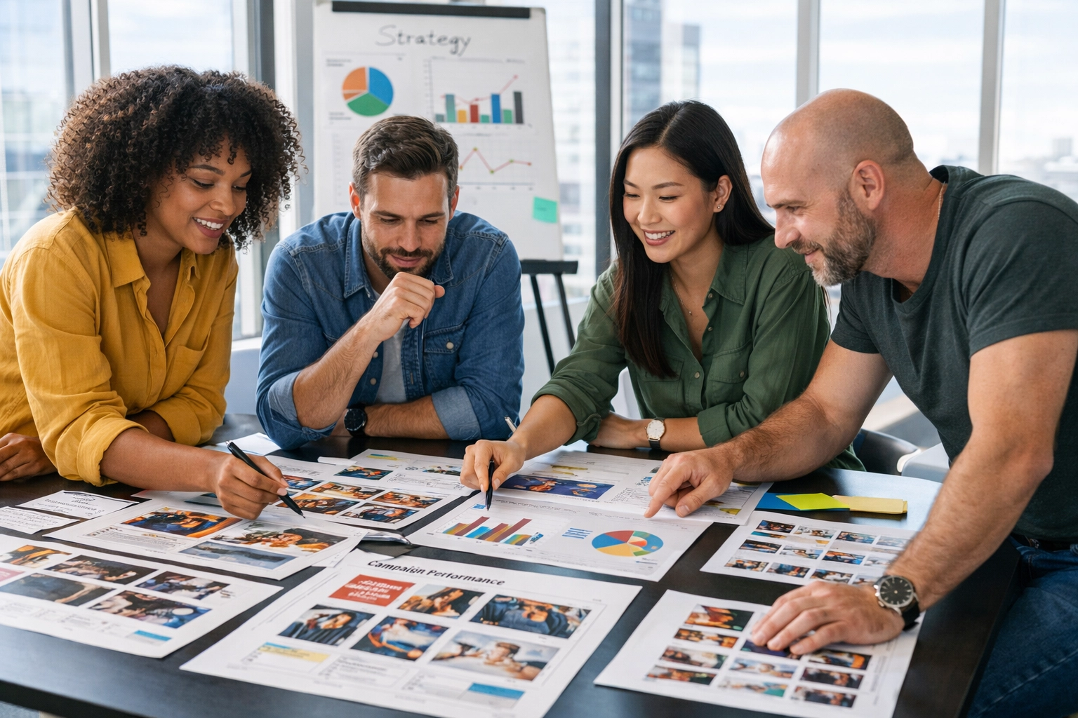 Creative team analyzing advertising campaign materials and branding strategy in conference room