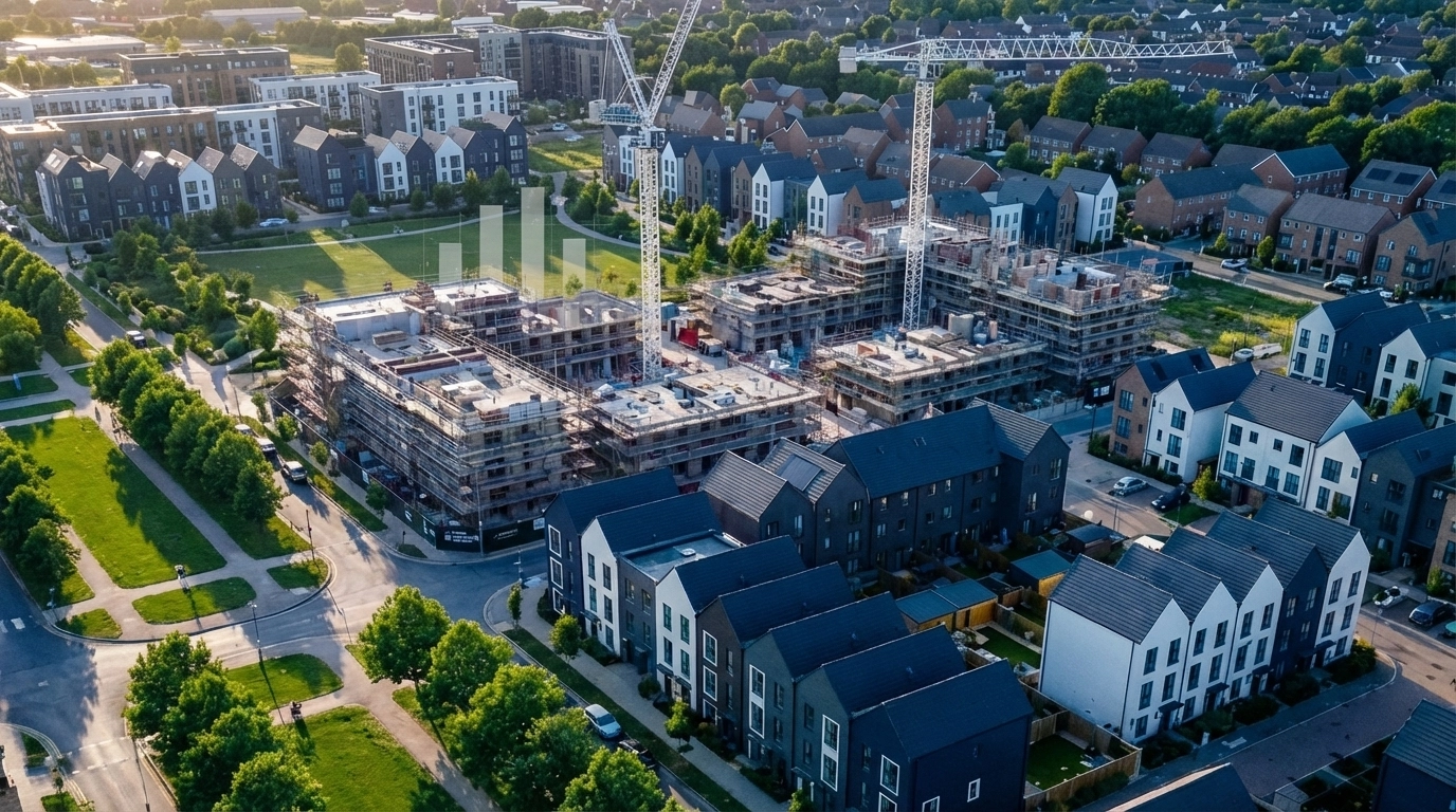 Aerial view of a construction site with cranes, surrounded by modern houses and green spaces, under a clear blue sky.