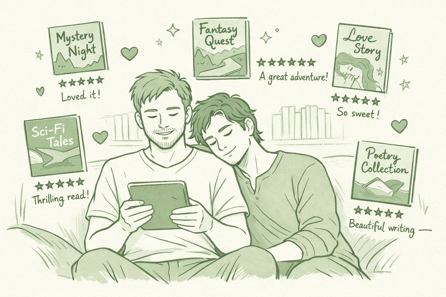 Gay couple reading MM romance ebooks with positive reader reviews