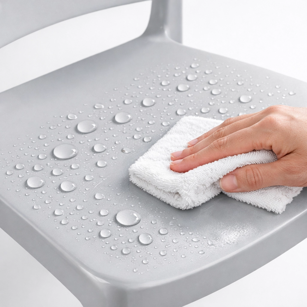 Cleaning resin chair surface showing easy maintenance for high-traffic restaurants
