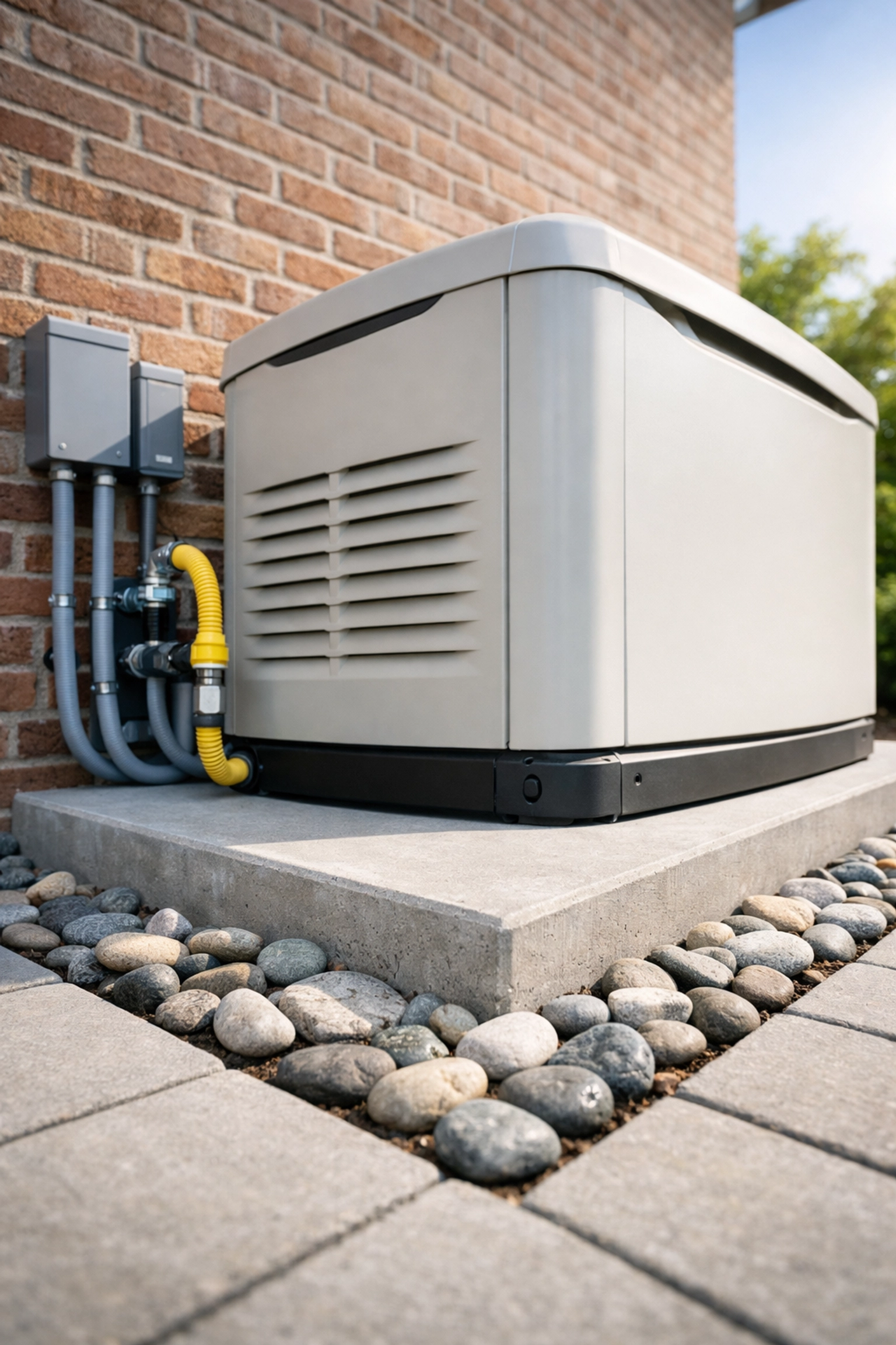 Professional standby generator installation on a concrete pad with precise electrical and gas lines.